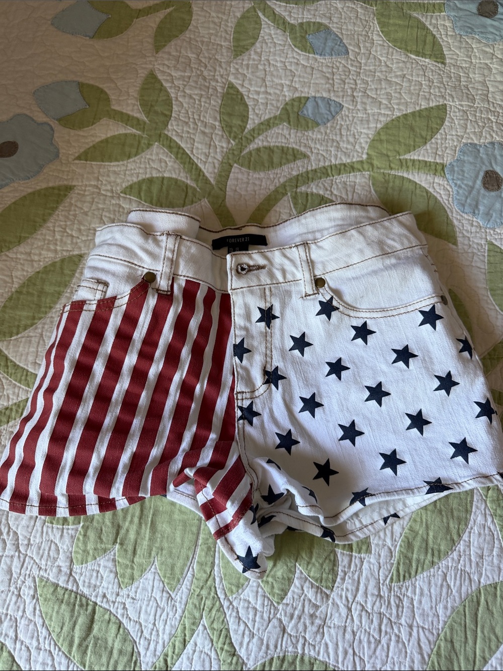 Forever 21 White Denim Shorts with Red Stripes and Navy Stars